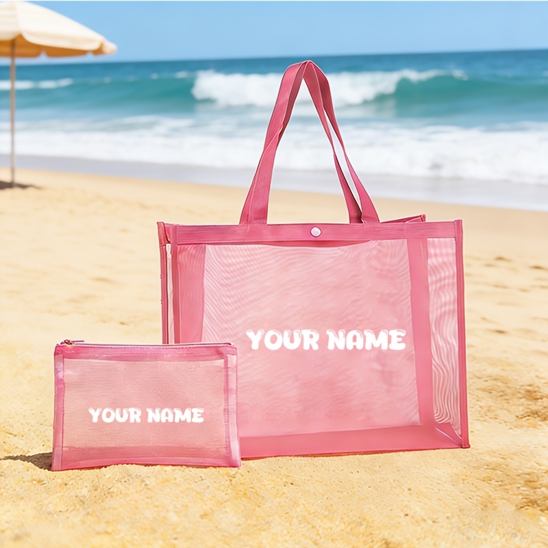 TEMU Conjunto personalizado de 2 piezas de bolso de malla rosa y clutch, personalizado, bolso tote de malla para mujer, bolsa de maquillaje portátil,
