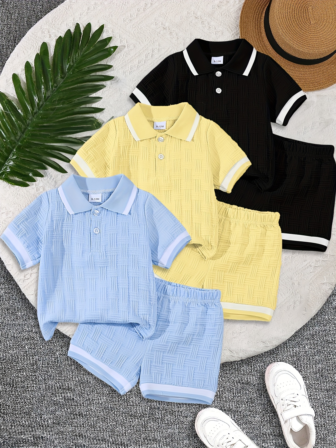 6pcs boys summer   textured fabric cool jacquard   solid color t shirt and shorts casual fashion set   outdoor mixed color 0