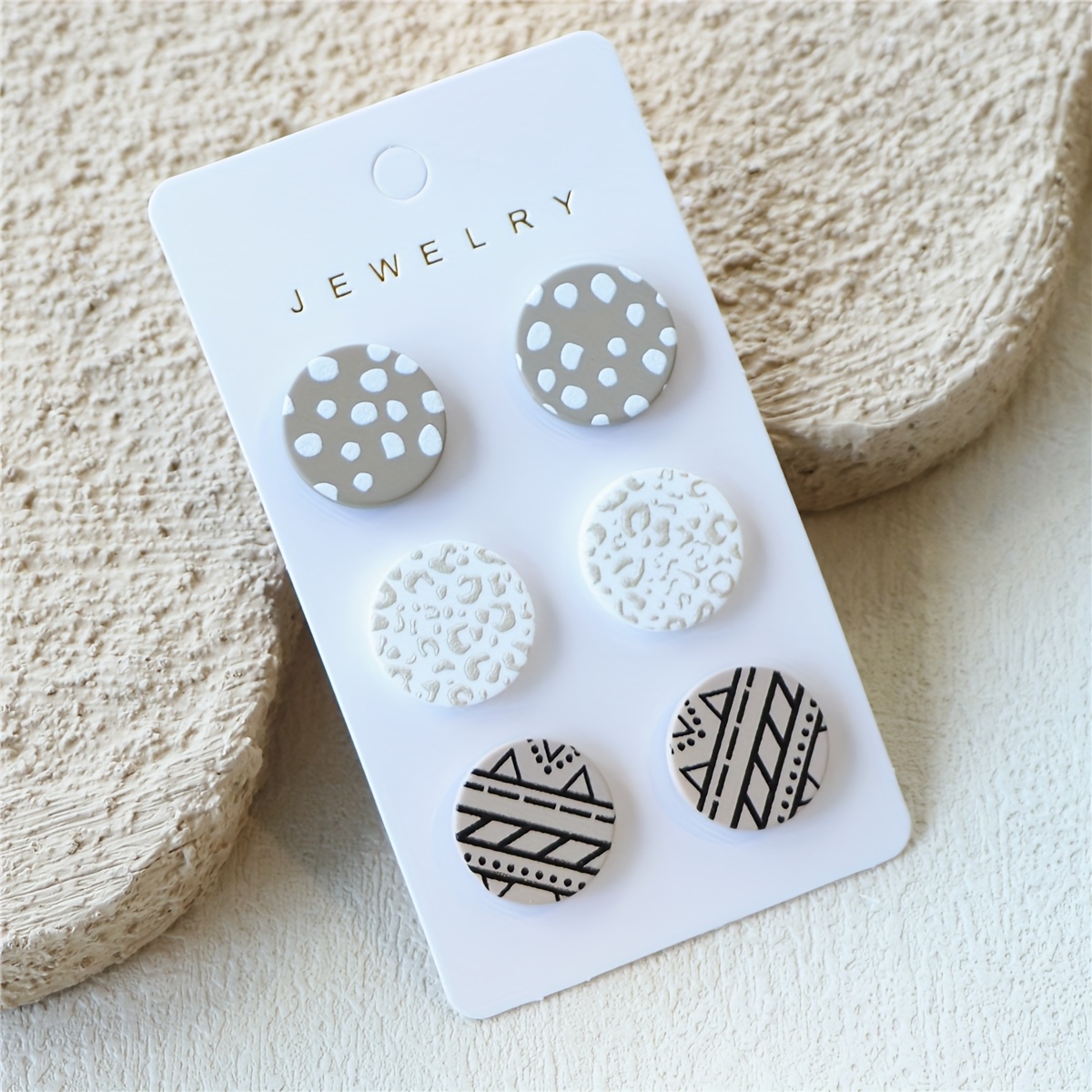 TEMU 3 Pairs Of 1 Card Lady's Polka Dot Leopard Print Strange Symbol Print Light-colored Pottery Texture Trendy Temperament Round Acrylic Earrings