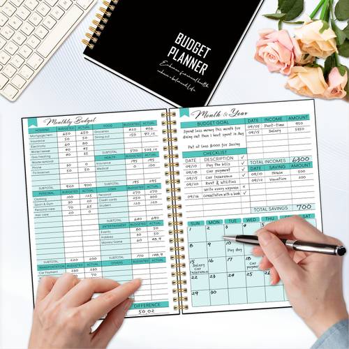 budget planner a5 monthly expense with black cover double spiral binding for small businesses personal use 104 pages track money expenses balance start