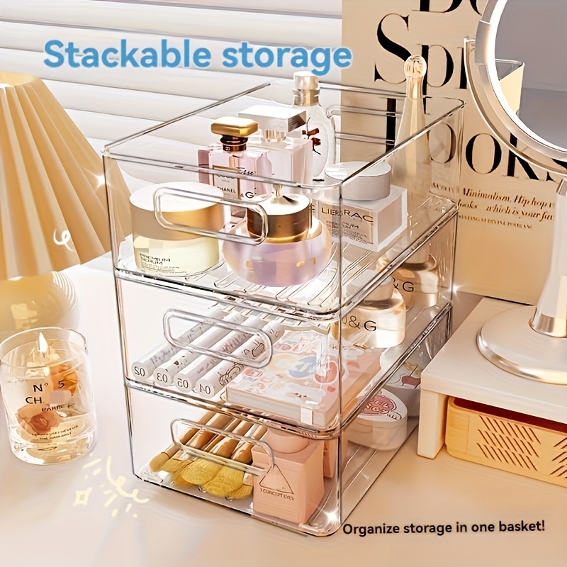 stackable transparent plastic cosmetic storage box - large capacity organizer basket for dorm clutter, multi-functional space-saving storage container. suitable for kitchen, bathroom, bedroom, living room, and office.   organization box Product details 1
