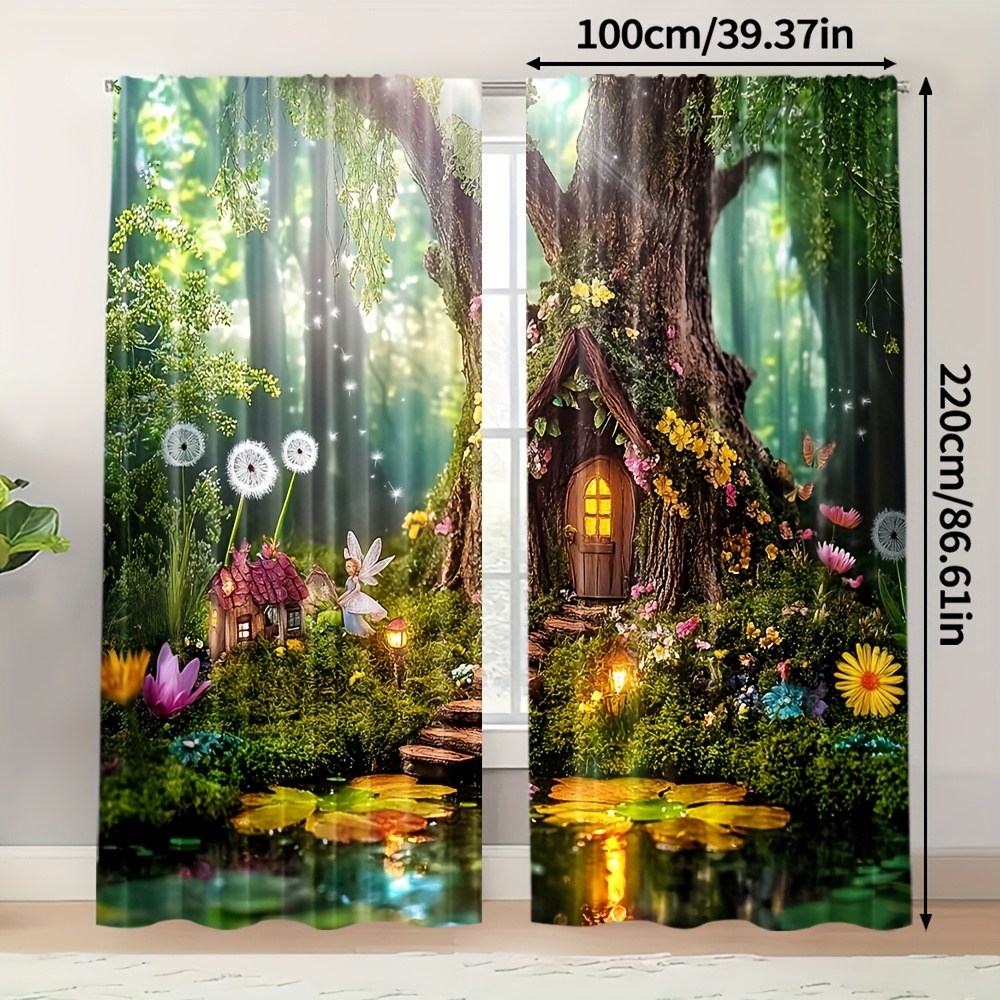 TEMU 2pcs Rideaux Forêt Enchantée - Panneaux en Polyester avec Design Magique de Maison dans les Arbres & Floral, Filtrant , Idéaux pour Chambre,