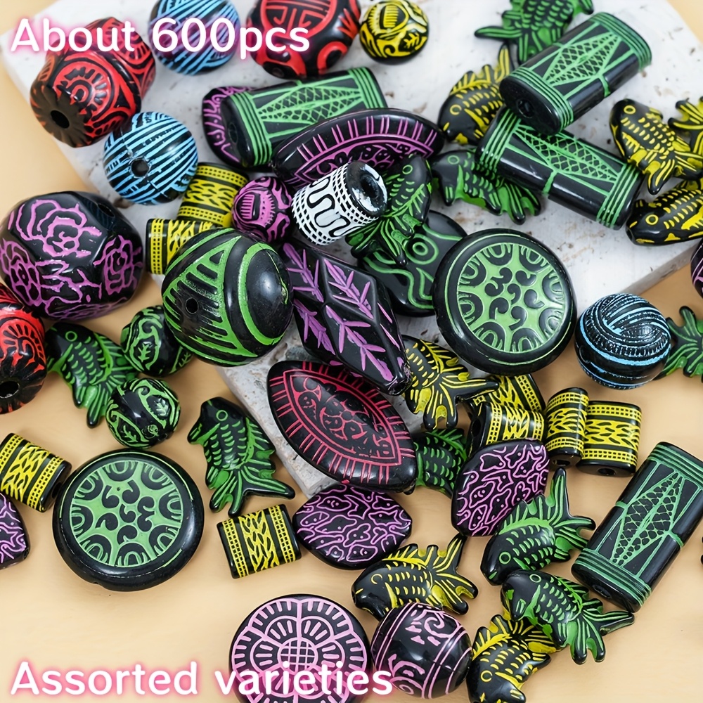 TEMU 600pcs Random Style Vintage Baroque-inspired Acrylic Beads Set, 200g - Colorful & Intricate Designs For Jewelry Making, Ideal For Bracelets,