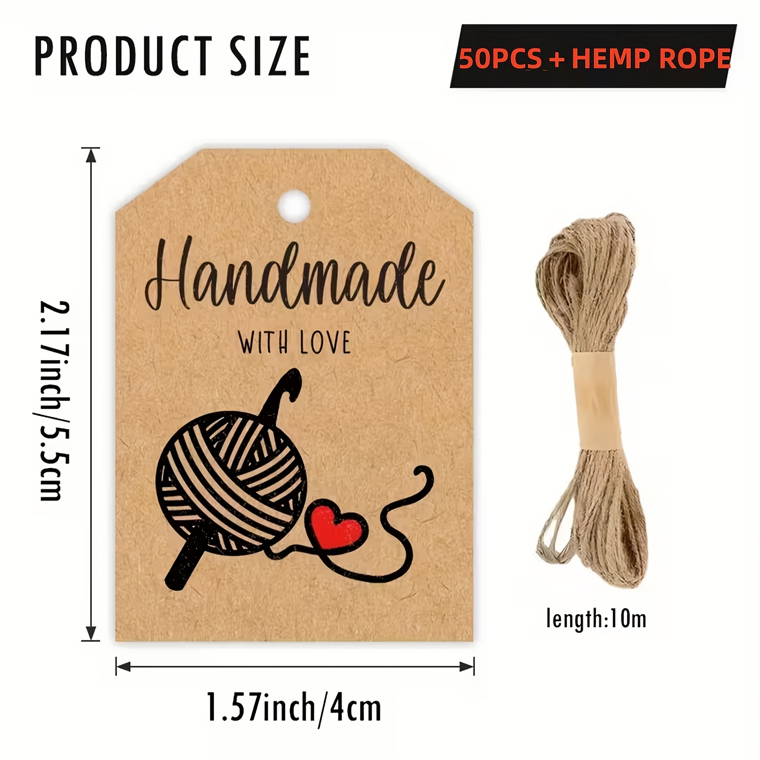 Image of 50pcs Paper Tags With - Handmade Craft Tags With Heart And Crochet Design - Durable Brown Tags For Diy Crafts, Crochet Gifts, Knitting Projects - Includes "" Text - Ideal For Crochet Patterns