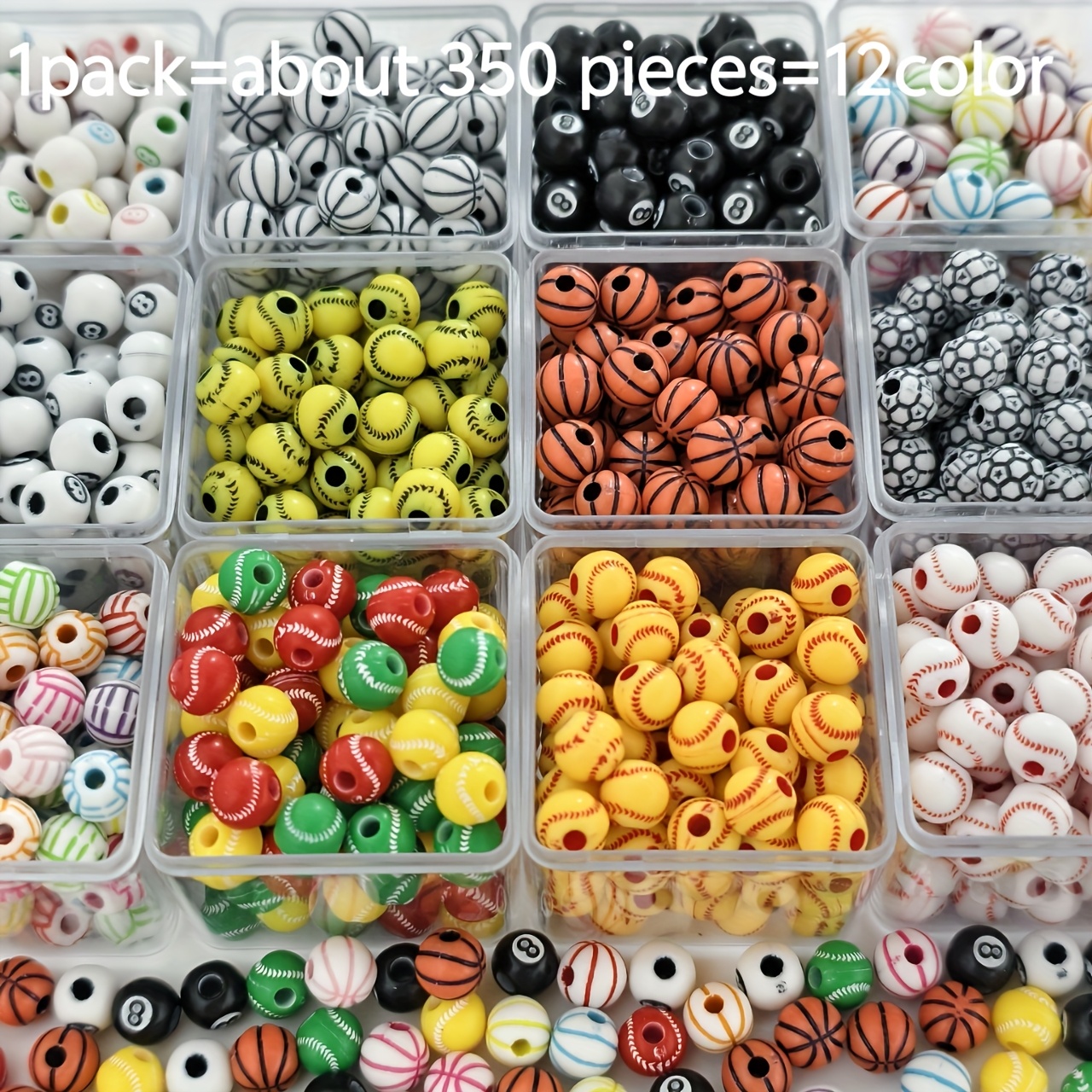 TEMU 350pcs 12 Styles - Perles Acryliques Durables de 8Mm, Style Bohème, Ronde, pour la Fabrication de Bijoux, Incluant Baseball, Basketball,