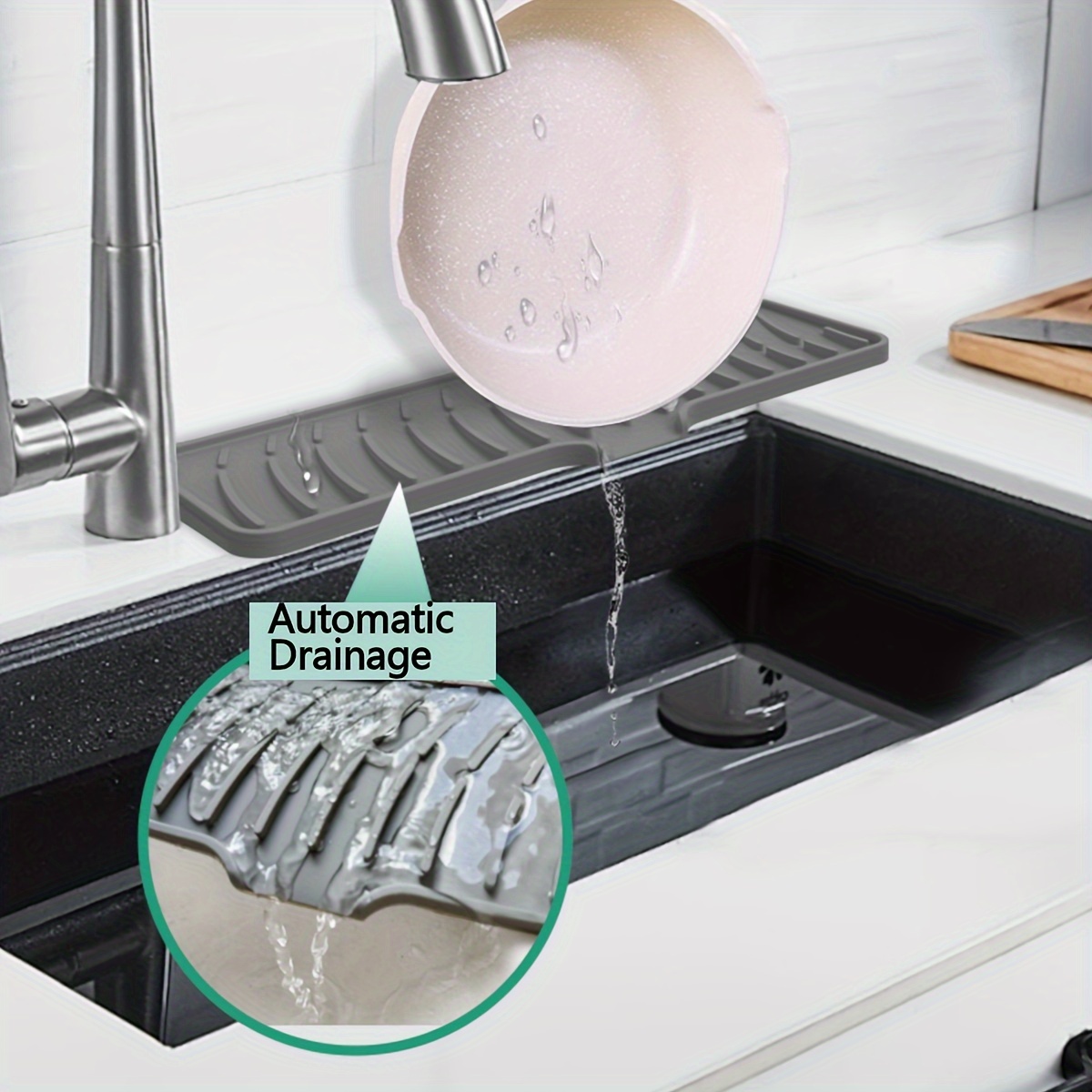 Silicone Dish Drying Mat - 15.8x13 Inch Non-Slip Drain Pad For Kitchen Counter - Heat Resistant & Easy Clean (Grey)