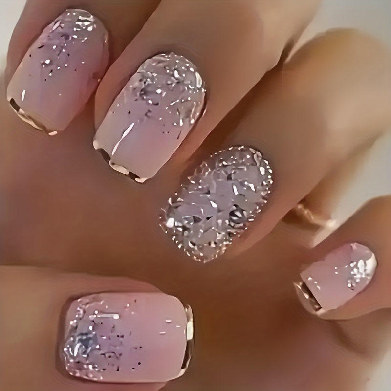 Image of 120pcs Short Square Nail Set, Silvery Gradient Glitter Nails, - Fake Nails, Press-on Full Coverage False Nail Sticker Set For Women &