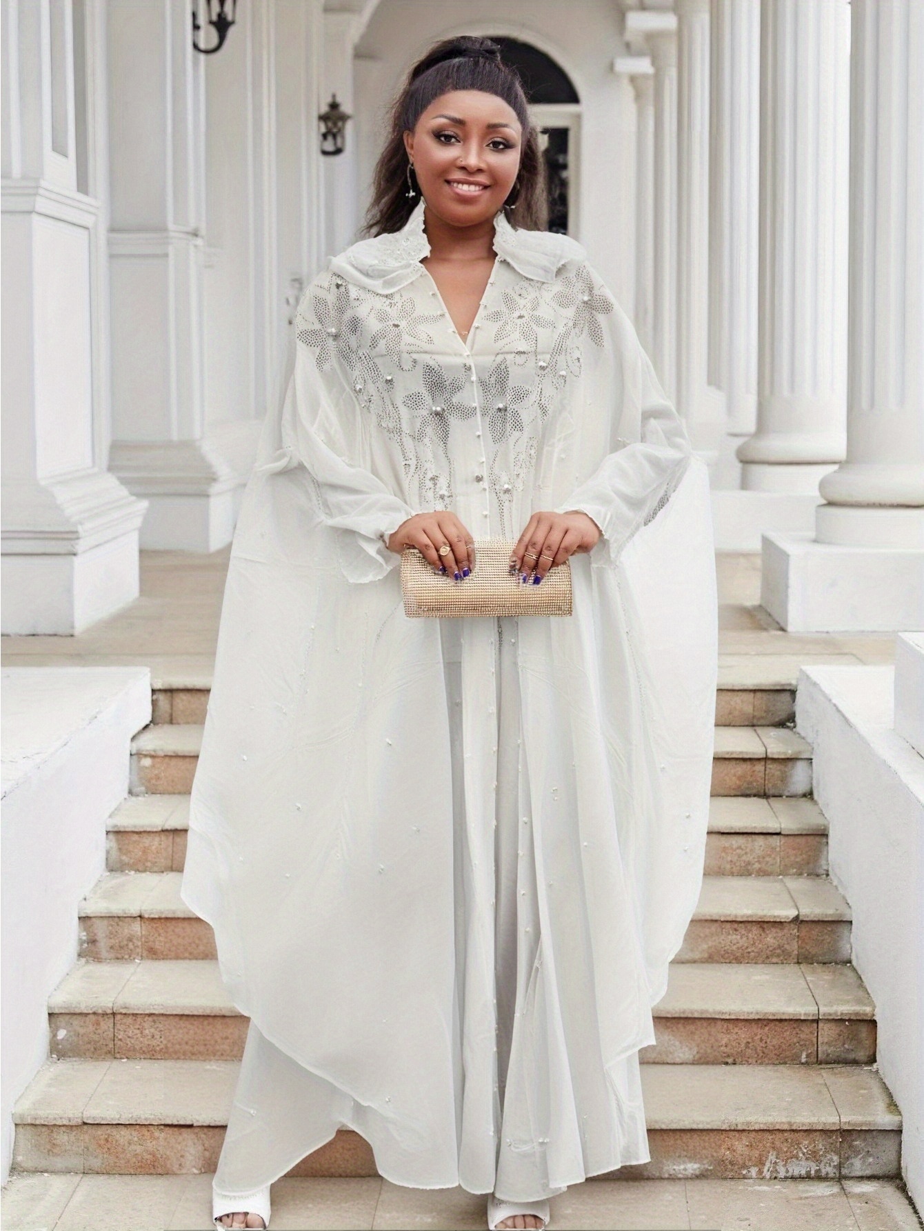 casual cape dress womens batwing sleeve sheer mesh studded hooded formal dress with cape sleeve Cider Tasting Polkadot Mini Blue-Bridesmaids Featuring a high neckline Color:All Diamond White