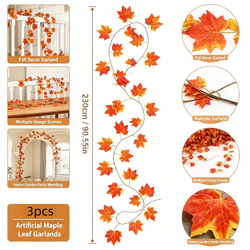 TEMU 3pcs Artificial Maple Leaf Garland With Rattan Vine - Realistic Hanging Branches Suitable For /outdoor Decoration, Multi-holiday Foliage For