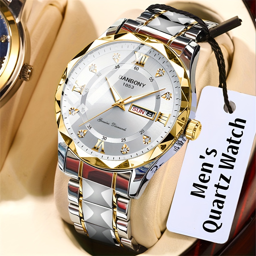 

1pc Stainless Steel Strap Men's Roman Numerals Dial Rhinestones Luminous Multifunctional Watch, Ideal For Birthday, Holiday Gifts