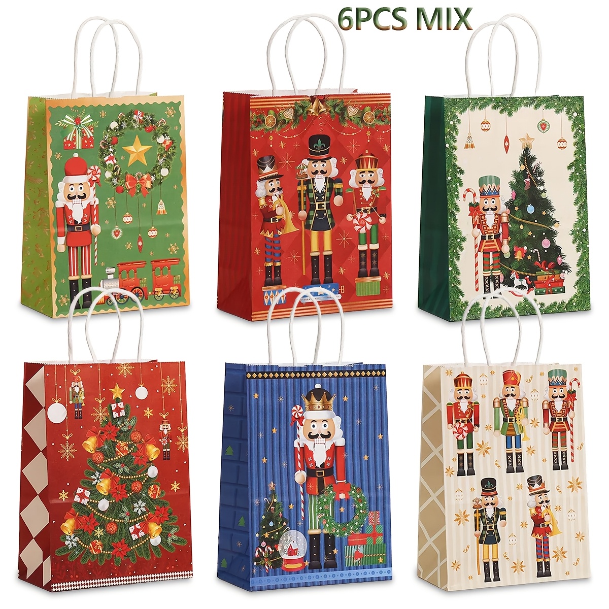 TEMU Lot de 6 sacs d'emballage cadeau sur le thème de Noël , avec de de Noël, cloches et couronnes sur des sacs en papier, adaptés pour les