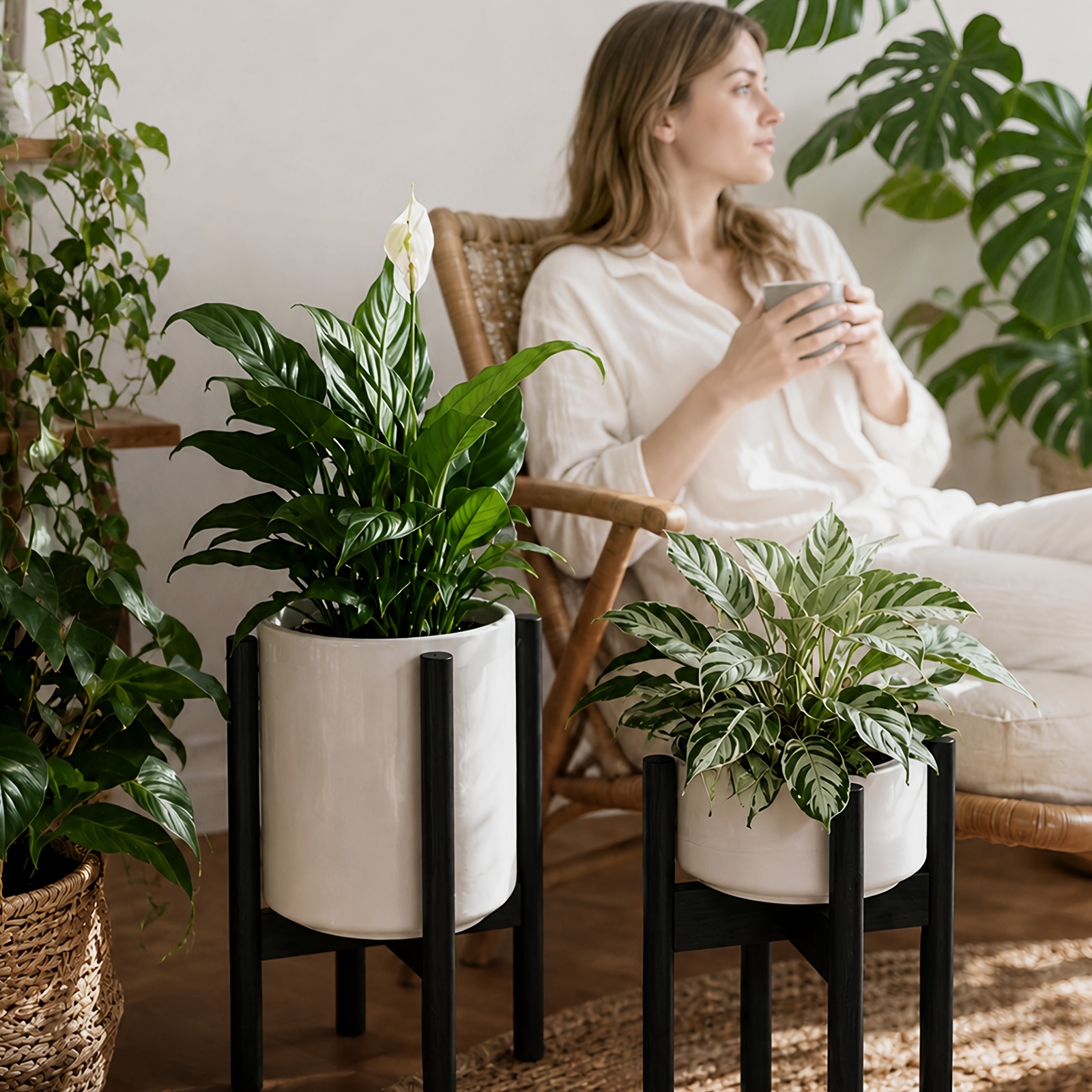 TEMU Support de Plante Réglable en Bambou de 14,9 Pouces Compatible avec de 8-12 Pouces, Plateau Supérieur en Bois Naturel et Base en Bambou Robuste,