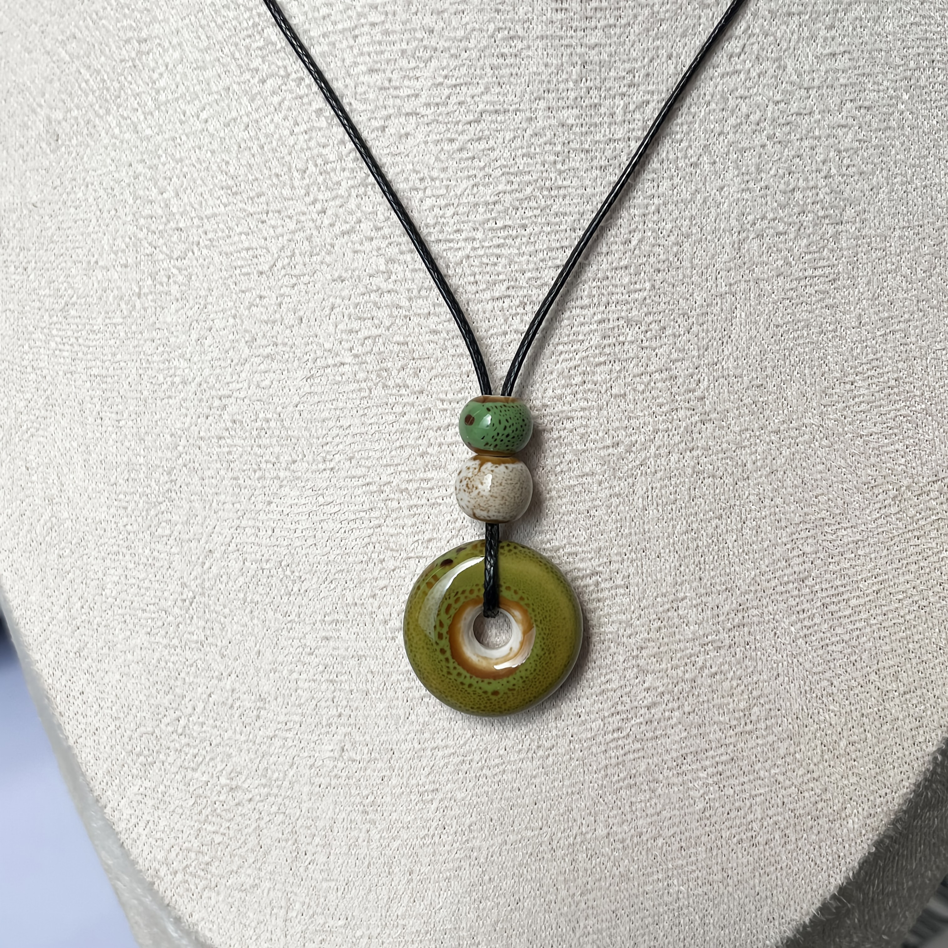 TEMU Handmade Ceramic Charm Pendant Necklace - Bohemian Style July Birthday Stone Jewelry, With Blue Beads, Natural Wood Grain Beads And Black Ropes,
