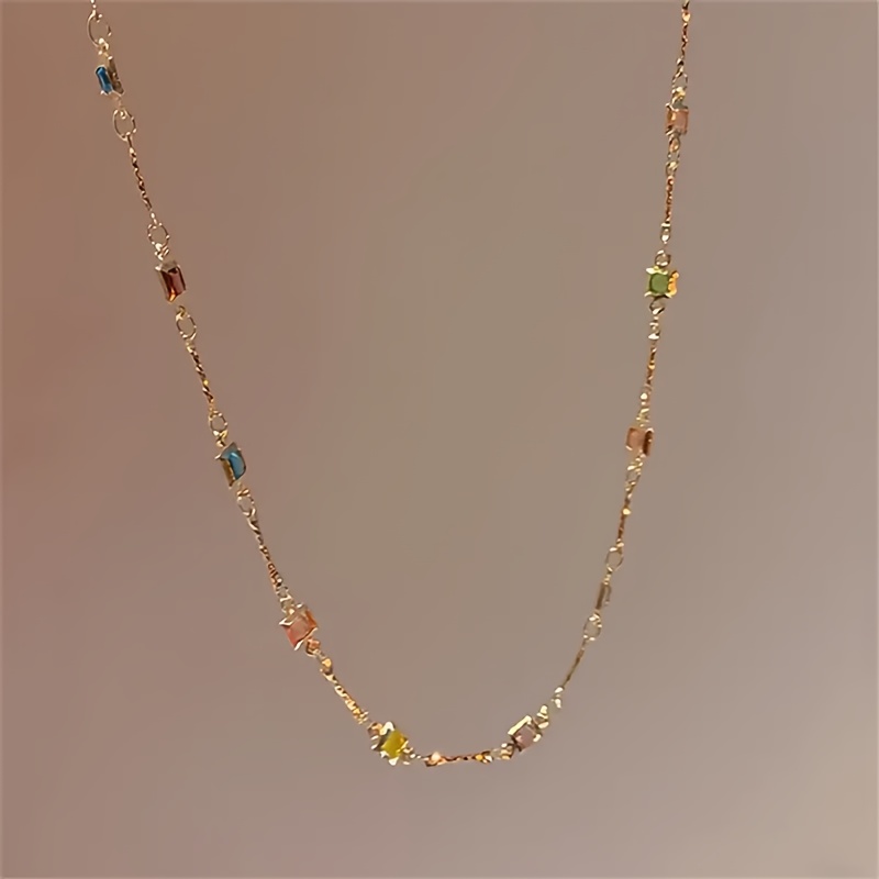 TEMU 1pc Women' Luxury Square Colored Necklace, Fine Clavicle Chain And Minimalist, Fashion Women Gifts