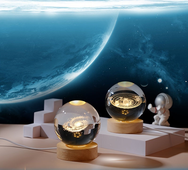 Luces nocturnas Sistema Solar 3D Bola de Cristal Luz Nocturna Base de  Madera Blanco Cálido Decoración Fantasía Bola Lámpara de Proyección de Bola