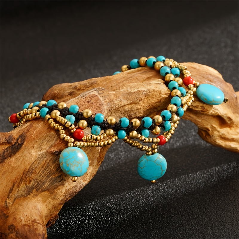Women's Bohemian Style Natural Turquoise Double Layer Anklet