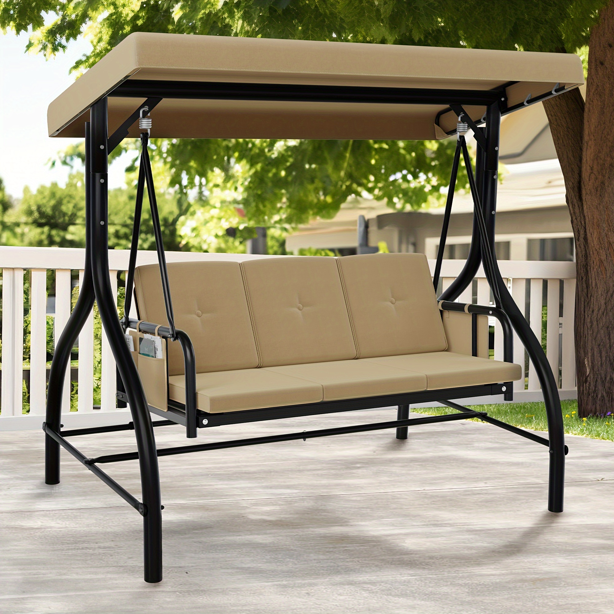 

Quoyad Outdoor Porch Swing, 3 Person Patio Swing Chair With Adjustable Canopy, Removable Cushion, Suitable For Garden, Poolside, Khaki