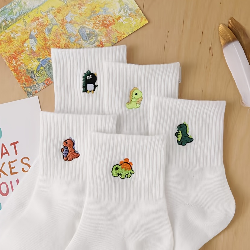 TEMU 5 Pairs Unisex Solid Color Crew Socks With Dinosaur Embroidery, Anti-friction Sweat Wicking Comfortable Casual White Socks For Autumn And Winter