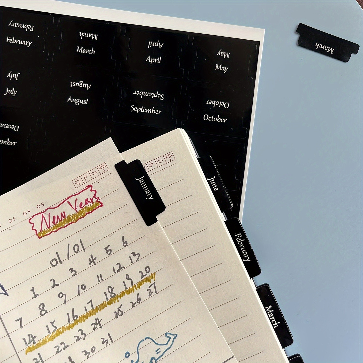 Image of Month Tabs For Planner, Planner Stickers, Laminated Planner Monthly Tabs, 40 Peel And Stick Tabs For Notebooks (2 Sheets 24 Month Tabs And 16 Blank Tabs), Calendar Monthly Tab Stickers/(black)