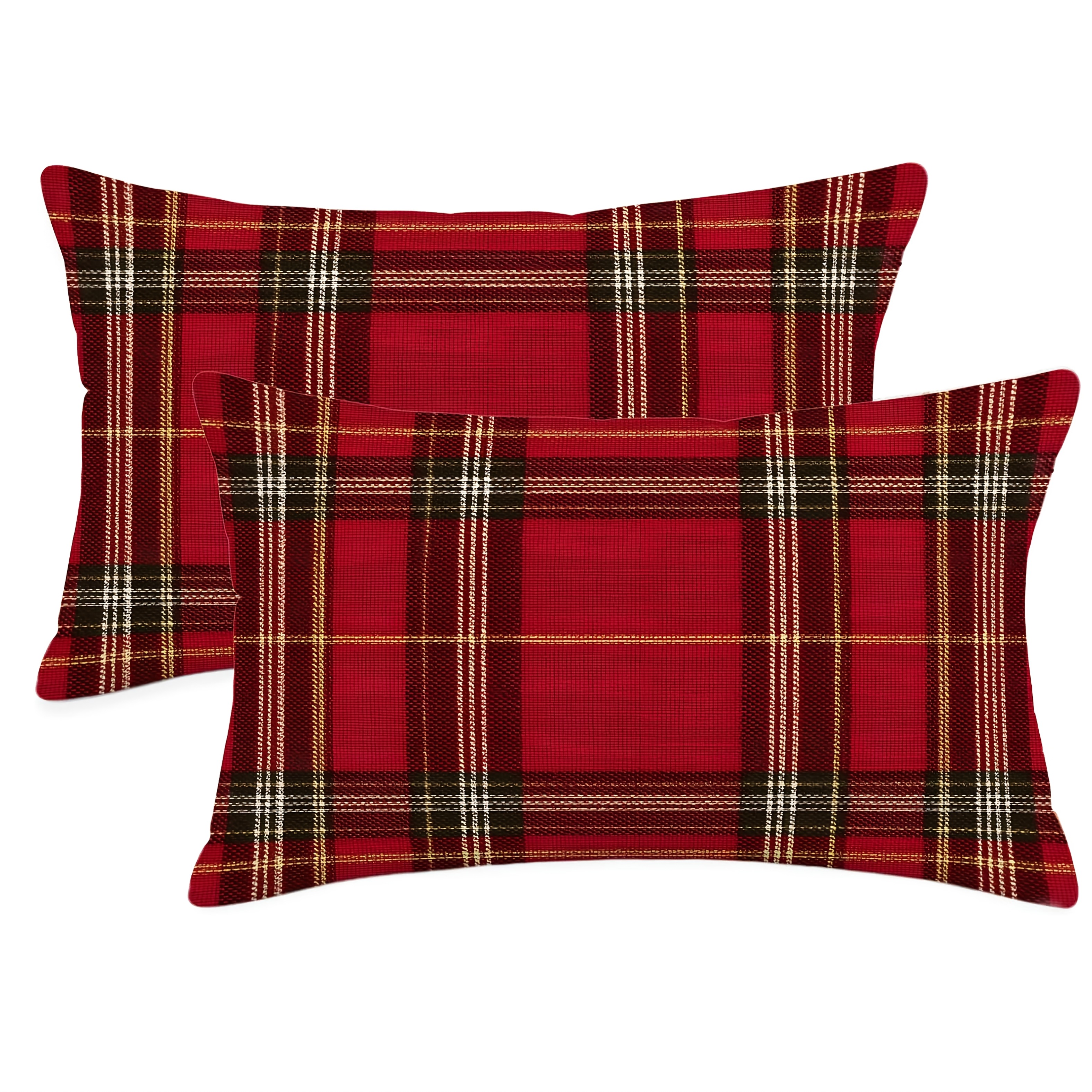 TEMU Dokriy, 2pcs, Linen Christmas Red Plaid Lumbar Pillow Cover, Plaid Decorative Cushion Cover, Suitable For Sofa, Living Room, And Bedroom Cushion