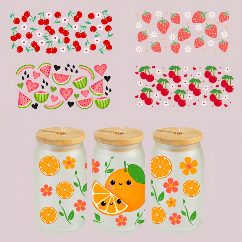 TEMU 5pcs Cute Fruit Uv Dtf Transfer Stickers Compatible For Glass Cups/mugs/fridge - High Quality Scratch-resistant Film With Sparkling Glitter Diy