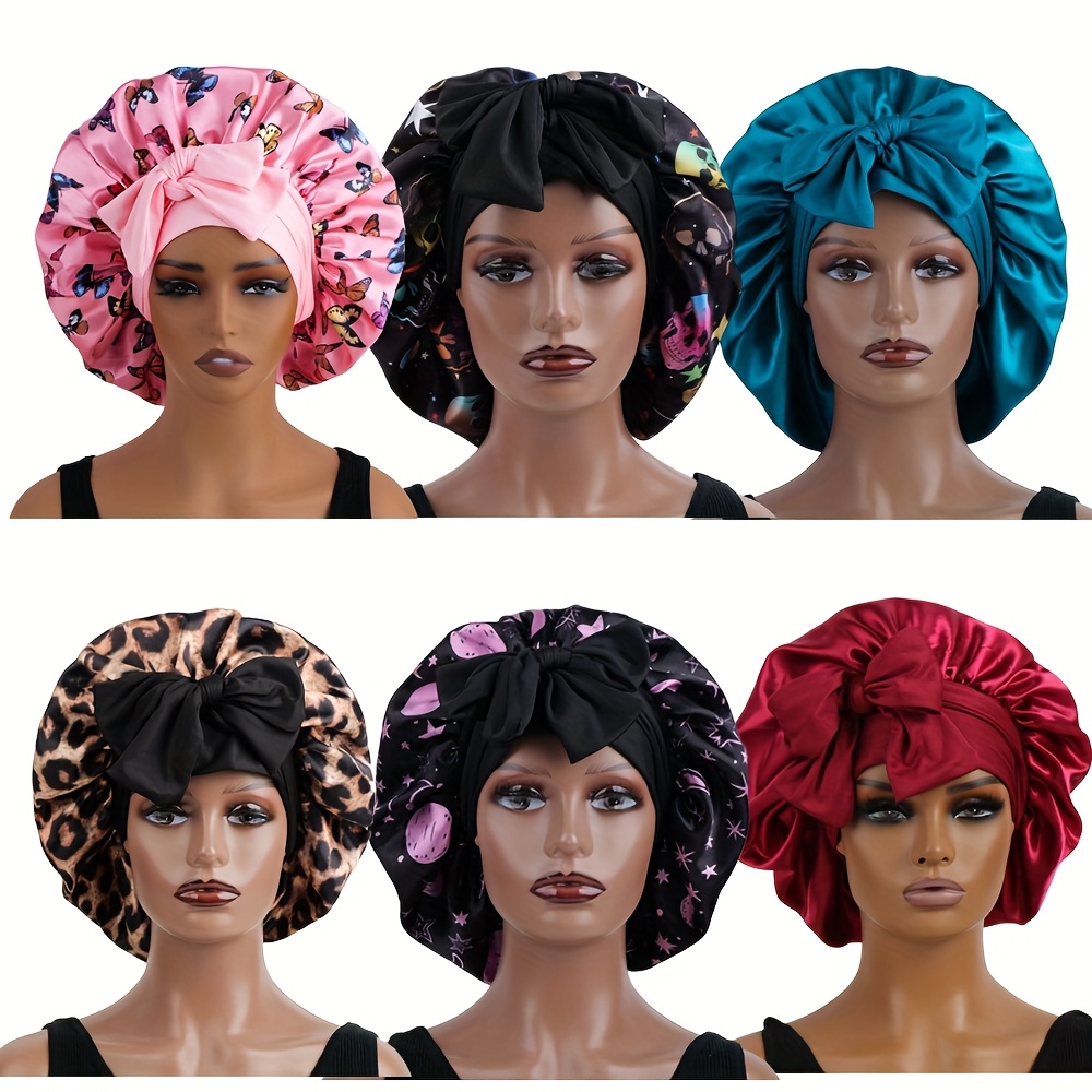 TEMU 6 pièces Bonnet en Satin Extra Large Ajustable avec Nœud - Bonnet de Nuit à Large Bord pour Femmes, en Polyester pour Soins des Cheveux, Design