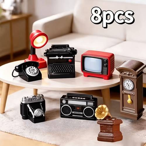8li, vintage minyatür süs seti - retro telefon çalıcı tv saat mini modeller, oyuncak evi mobilya eklentileri, masaüstü nostaljik dekor küçük süsler yaratıcı hediyeler