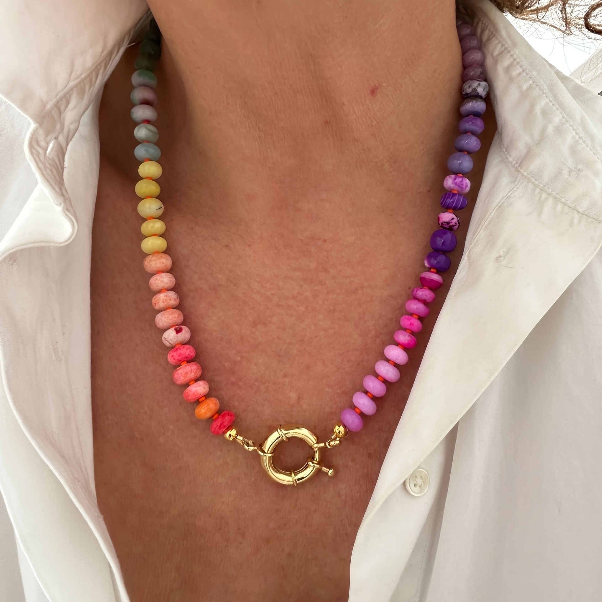 

Bohemian Rainbow Color 18k Gold Plated Natural Stone Beaded Choker Necklace For Women Girls 2024 Summer Beach Handmade Ethnic Style Clavicular Chain