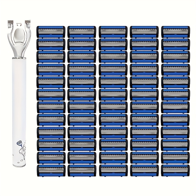 Image of A Safety Razor With 60 , Featuring 6 , Suitable For Men's Shaving And Women's Hair Removal, With A Blue And White Porcelain Handle