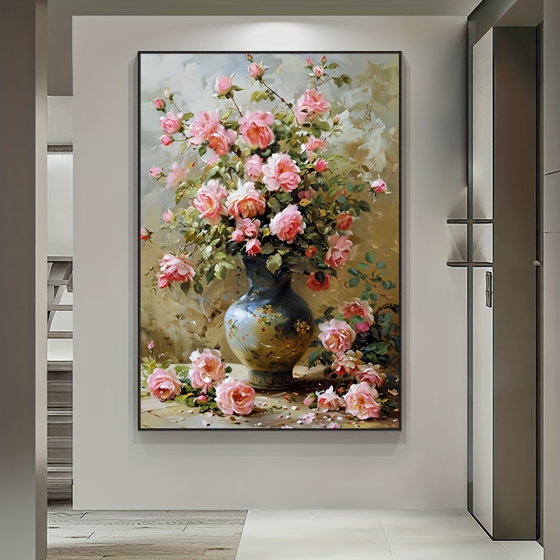 

Vintage-inspired Floral Viscose Print Wall Art - Elegant Rose Bouquet In Vase Painting For Home Decor, American Niche Art Style For Porch, Corridor, And Aisle - Vertical Nordic Design