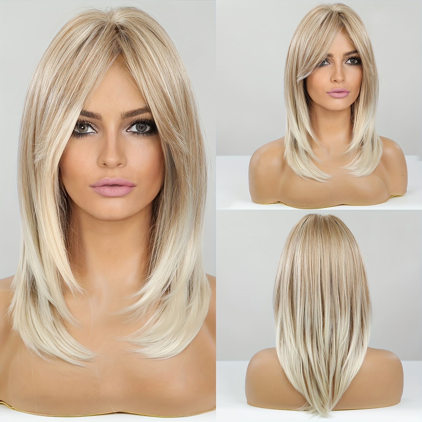 

Ombre Blonde Wigs For Women Shoulder Length Layered Straight Synthetic Hair Wig With Curtain Bangs Daily Party Use Wig