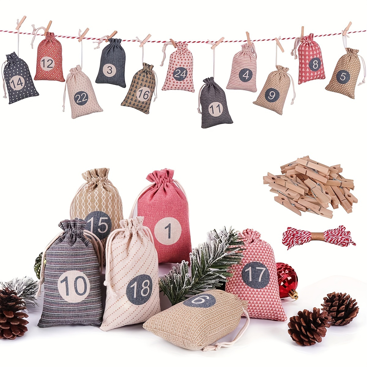 

24pcs Christmas Advent Festival Calendar Bundle Pocket Countdown Burlap Gift Bag Children' Candy Gift Bag