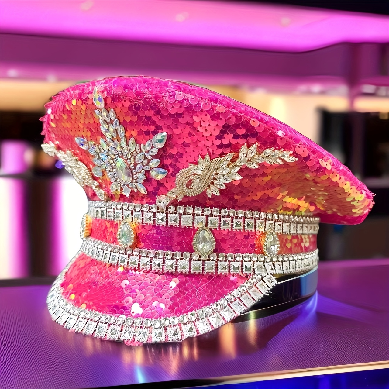Image of Bling Rhinestone Captain Hat For | Shiny Adjustable Party Cap For Mardi Gras, Valentine's Day, Burning Man, Cosplay & Rave | Perfect Hats For Music Festivals, Nightclubs, Carnival