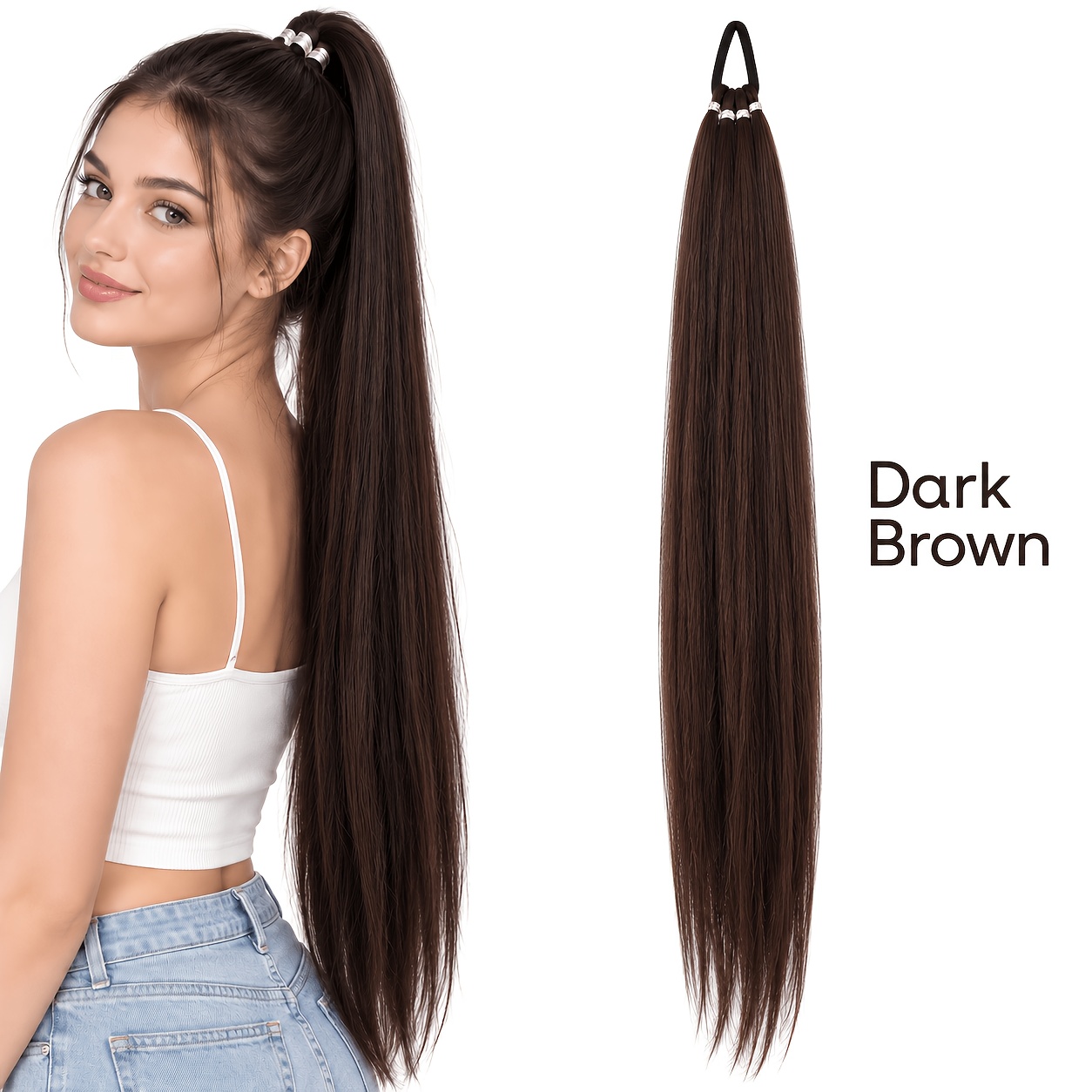 TEMU Long Straight Ponytail Hair Tie Elastic Headband, Women's Synthetic Fake Ponytail Hair Accessory, Heat-resistant Hairpiece, Easy To Match With