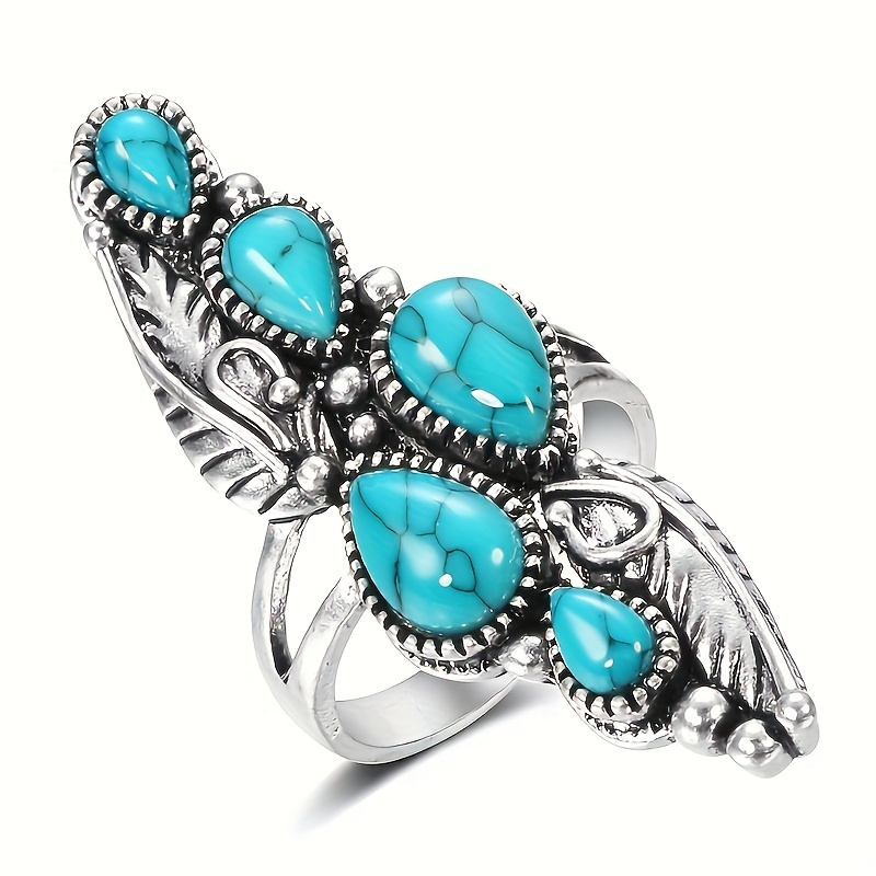 

2 Pcs Elegant Vintage Turquoise Ring - Unique Water Drop Design, Timeless No-plating Accessory For All Occasions