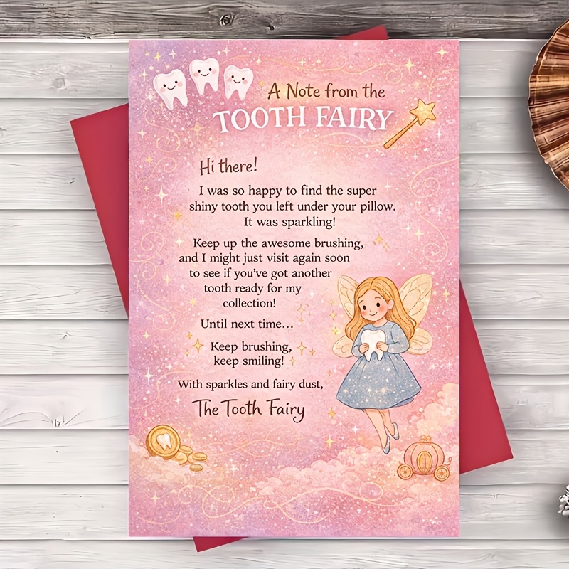 TEMU 1pc Greeting Card Tooth Fairy Greeting Card Cute Pastel Design Flat Card For Parents Surprise Gift Note Keepsake For Home Bedtime And Milestone