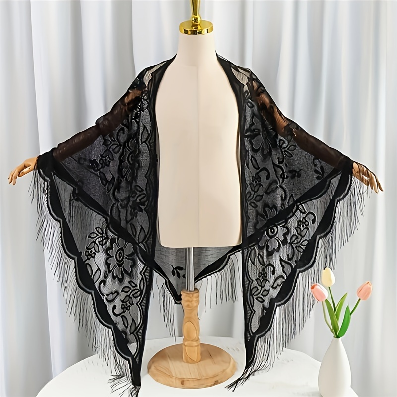 

1pc Solid Color Lace Scarf Thin Breathable Triangle Shawl Boho Style Outside Dress Shawl With Tassel