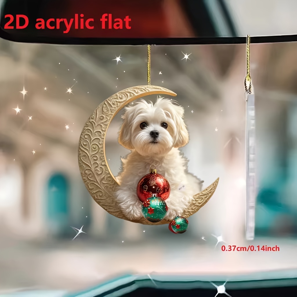 

1pc, 2d Acrylic Christmas Cute Ball Carrying Dog Car Mirror Decoration Pendant, Home Decoration Pendant, Bag Keychain Decoration, Holiday Party Small Gift