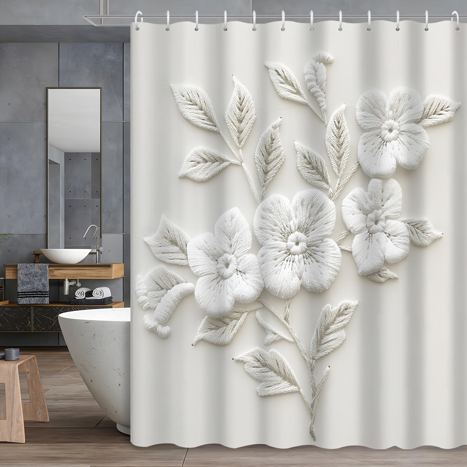 

1pcs Three-dimensional Flower Pattern White Knitted Art Flower Plant Decorative Shower Curtain, 12 Hooks Waterproof Shower Curtain, Bathroom Decoration
