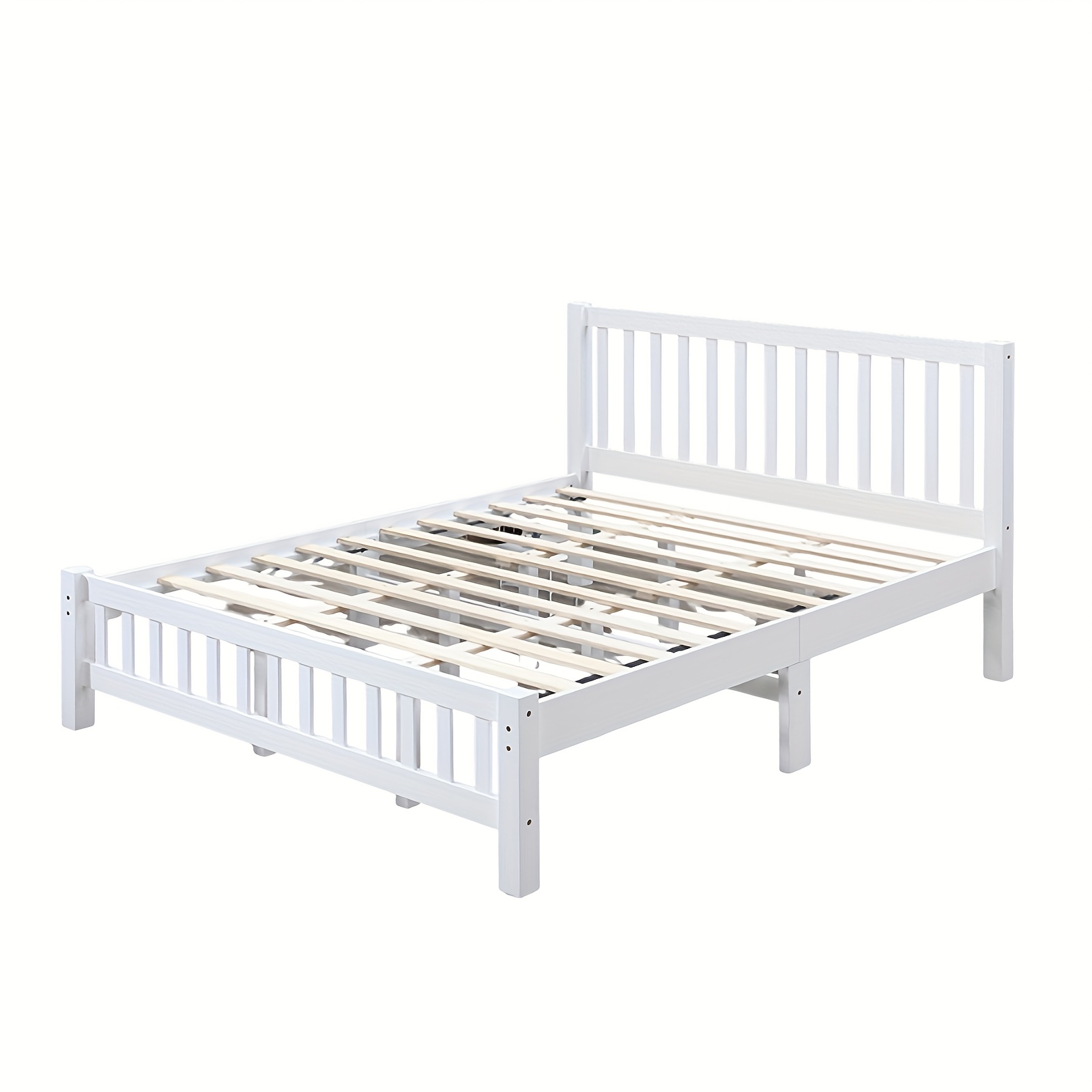 TEMU Solid Wood Queen Size Bed Frame, Modern White Wooden Bed With Slatted Headboard, Minimalist Platform Bed For Bedroom, Sturdy Mattress Foundation