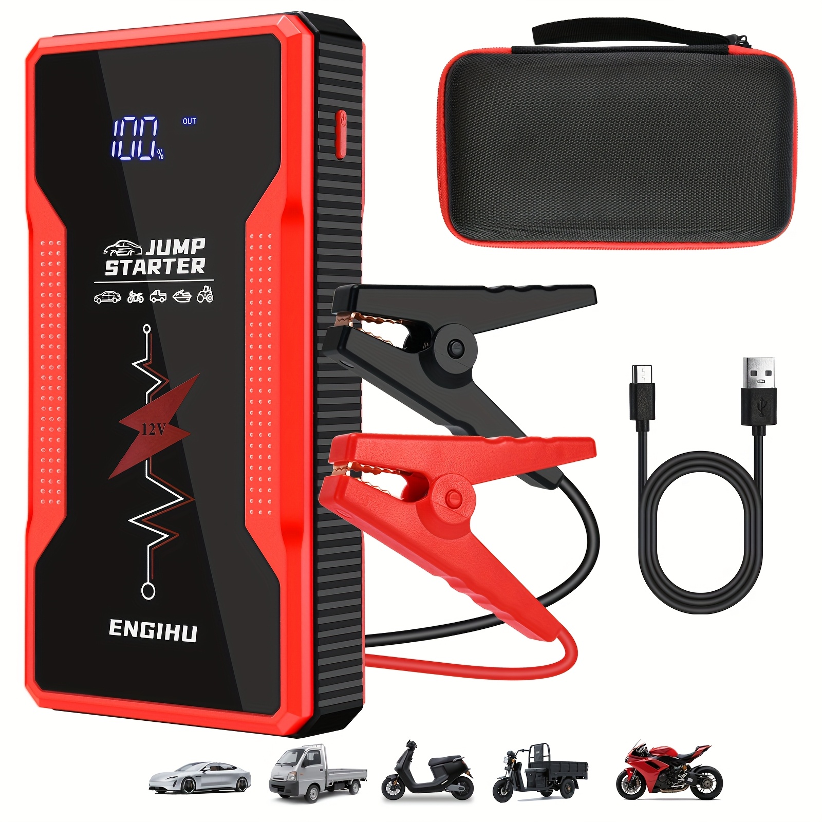 photo de l'article démarreur de batterie de voiture portable, démarreur de voiture durgence 12v, chargeur de batterie de voiture - convient aux moteurs à essence de 1,59 gallon ou   de 101,44 onces - batterie externe et câble intelligent - avec écran led - lampe de poche led,   pour les  
