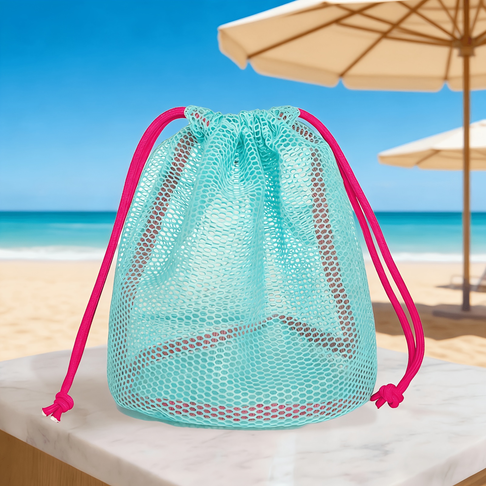 TEMU Borsa portaoggetti per attrezzi da spiaggia, borsa da spiaggia regolabile, borsa portaoggetti a rete con coulisse per drenaggio , articoli da