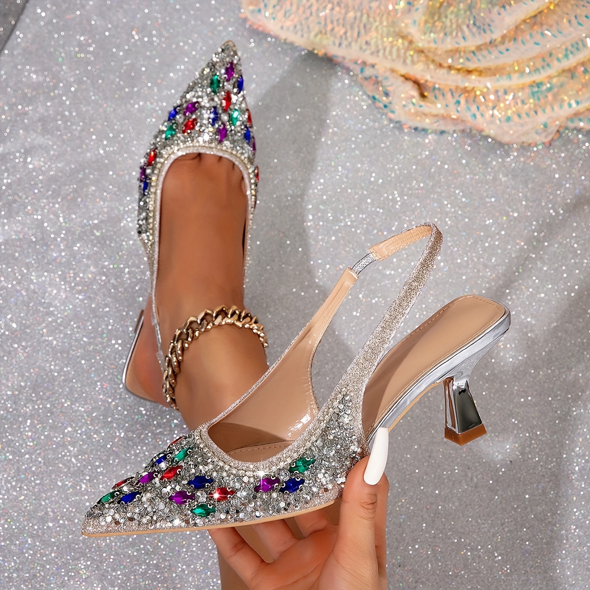 

High Heeled Sandals With Rhinestone Embellishments, Pointed Toe Adjustable Ankle Strap, Suitable For Spring And Summer