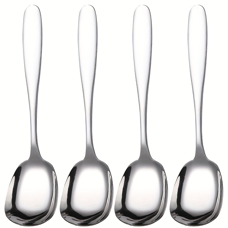 Image of 4pcs 8-inch 304 Stainless Steel Large Spoon Set, Square Head Spoon, Heavy Korean Long Handle Spoon, Service Spoon, Suitable For Rice, Oatmeal, Congee, Soup, Vegetables And Desserts, Dishwasher Safe