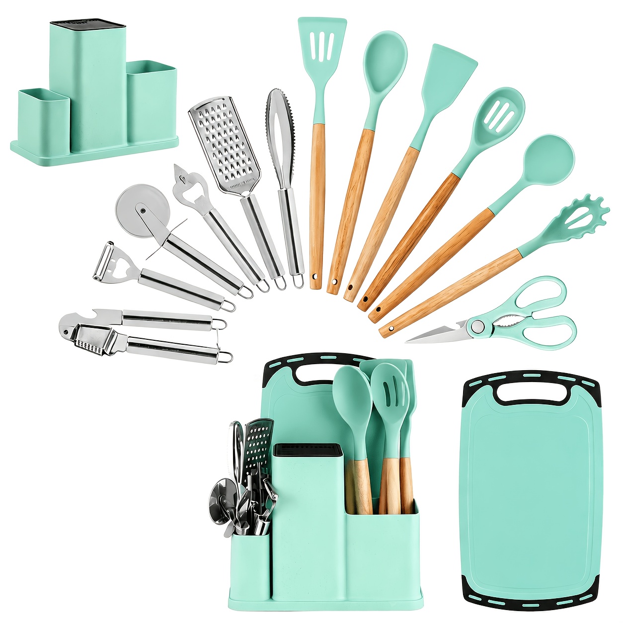 TEMU Professional 15pcs Kitchen Utensils Set - Mint Green Silicone Cooking Tools With Wood Handle, Heat Resistant Cookware With Storage Organizer,