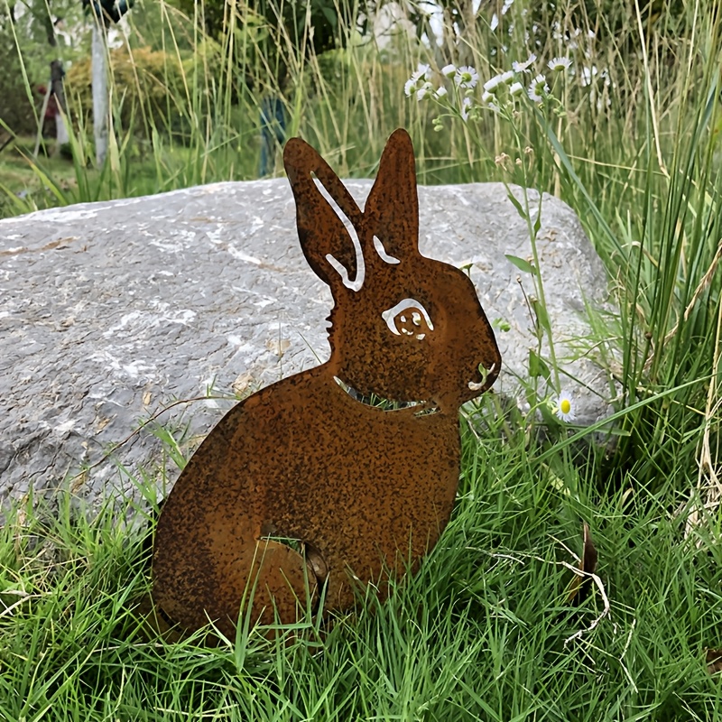 Image of 1pc Rustic Iron Rabbit Garden Stake, Easter Bunny Garden Decoration - Vintage Bunny Outdoor Decor, Unique Gift For Thanksgiving, Patio Art, Yard Accent, Weathered Finish Animal Silhouette Sculpture