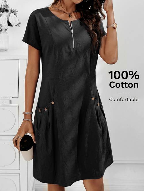 womens zipper half button detail double pocket summer casual dress