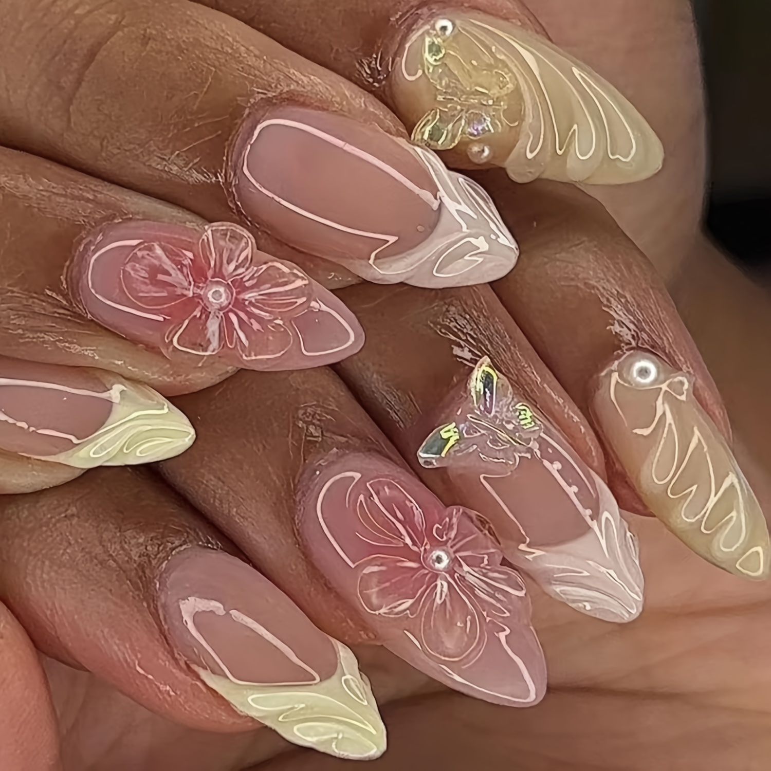 Image of 24pcs Almond-shaped Fake Nails Set, Sweet , Spiral 3d Cute Butterflies And Delicate Flowers, Suitable For All Women And. With A Nail File And Jelly Glue In The Box For Easy Application