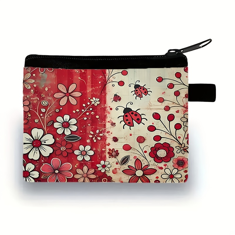 TEMU Vintage Red- Floral Ladybug Coin Purse, Style Floral Print Zipper Coin Bag, -style Pattern Mini Wallet, Portable Daily Small Storage Bag, Ideal