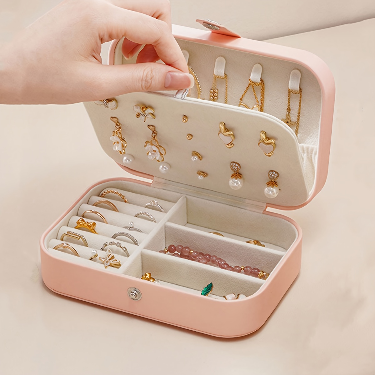 

1pc Portable Jewelry Organizer Box For Travel, Contemporary Style Plastic Mini Storage Case For Rings, Earrings, Bracelets, Lipstick With Removable Dividers